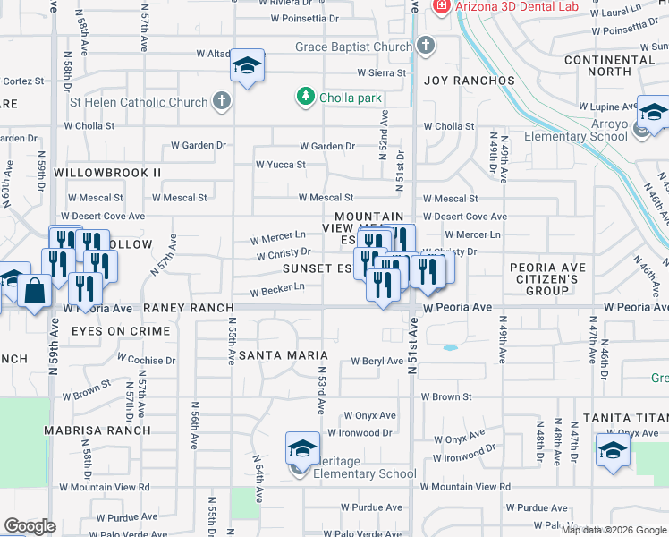 map of restaurants, bars, coffee shops, grocery stores, and more near 5302 West Saguaro Drive in Glendale