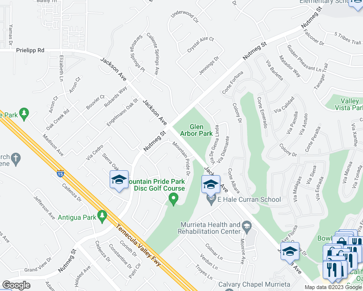map of restaurants, bars, coffee shops, grocery stores, and more near 40744 Mountain Pride Drive in Murrieta