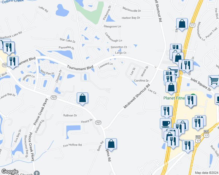 map of restaurants, bars, coffee shops, grocery stores, and more near 775 Painted Bunting Drive in Murrells Inlet