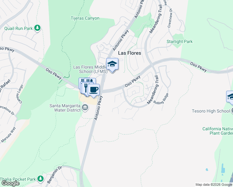 map of restaurants, bars, coffee shops, grocery stores, and more near 21 Acanthus in Rancho Santa Margarita