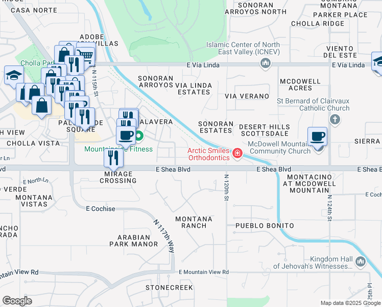 map of restaurants, bars, coffee shops, grocery stores, and more near 10723 North 118th Way in Scottsdale