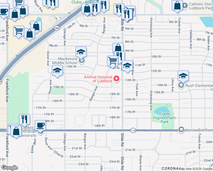 map of restaurants, bars, coffee shops, grocery stores, and more near 5222 14th Street in Lubbock
