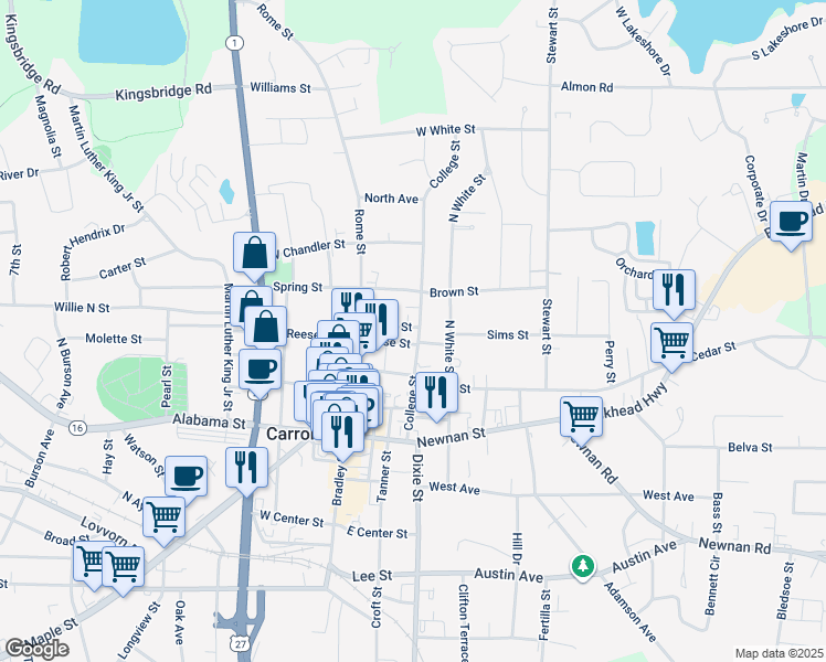 map of restaurants, bars, coffee shops, grocery stores, and more near 410 College Street in Carrollton