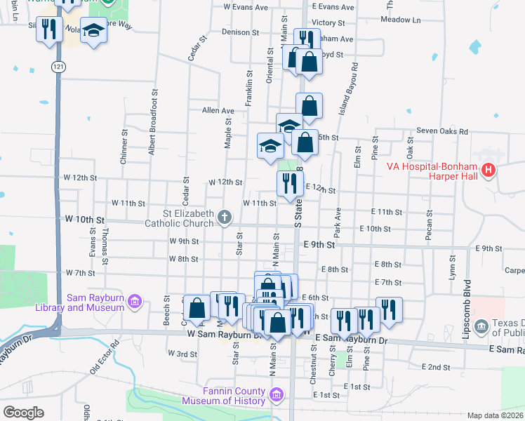 map of restaurants, bars, coffee shops, grocery stores, and more near 109 West 11th Street in Bonham