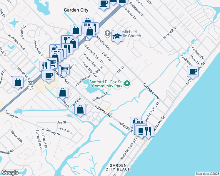 map of restaurants, bars, coffee shops, grocery stores, and more near 411 Elizabeth Drive in Murrells Inlet