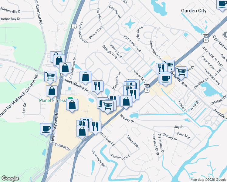map of restaurants, bars, coffee shops, grocery stores, and more near 23 Shamrock Circle in Murrells Inlet