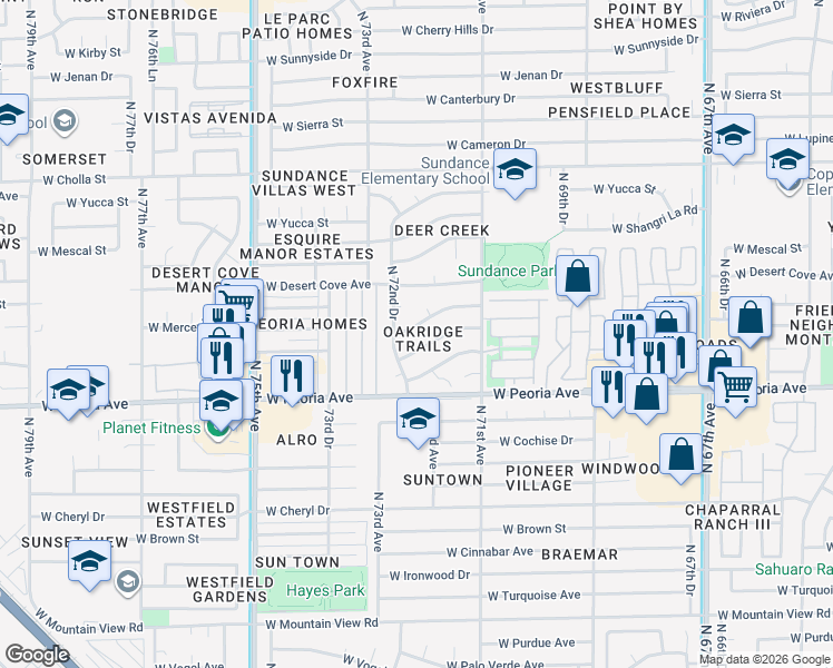 map of restaurants, bars, coffee shops, grocery stores, and more near 7142 West Sahuaro Drive in Peoria