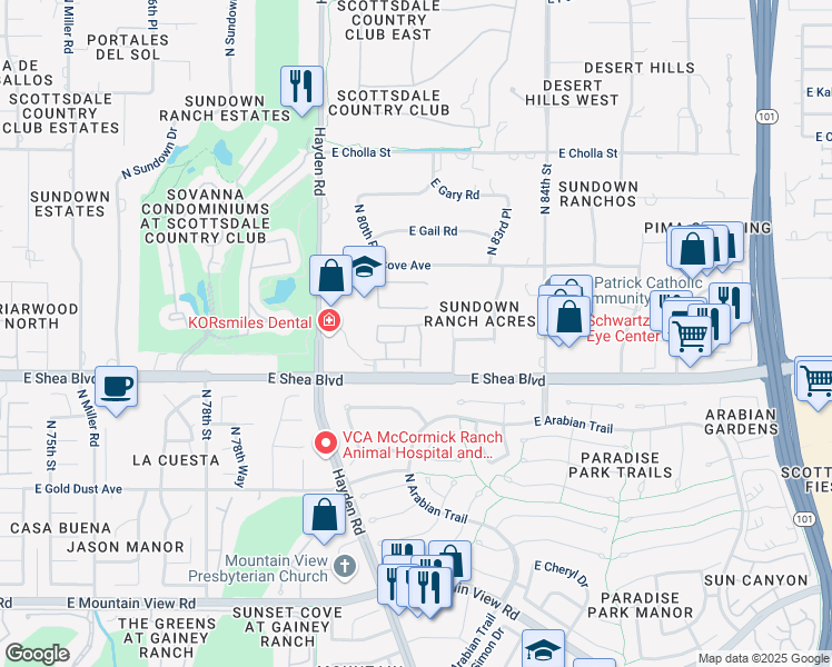 map of restaurants, bars, coffee shops, grocery stores, and more near 8180 East Shea Boulevard in Scottsdale