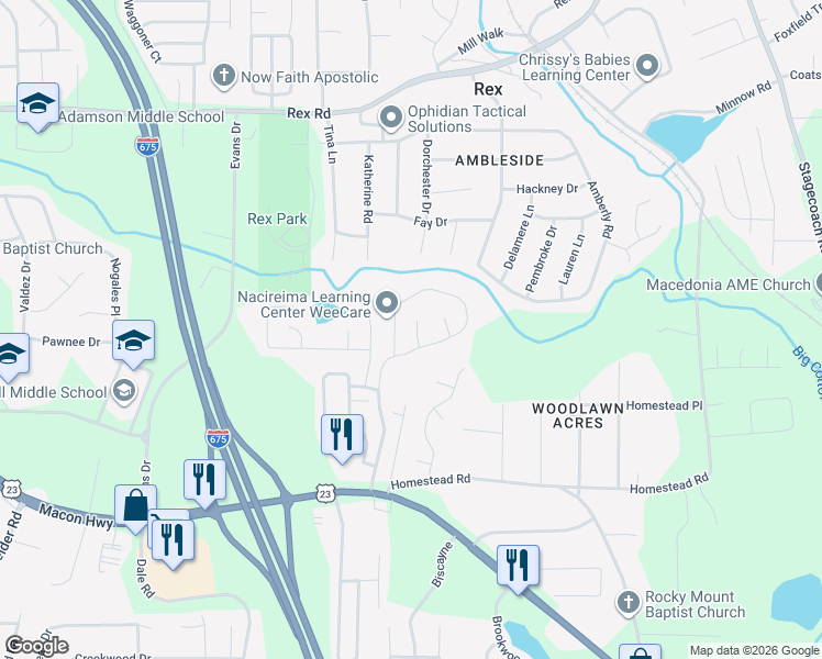 map of restaurants, bars, coffee shops, grocery stores, and more near 6257 Crooked Creek Lane in Rex