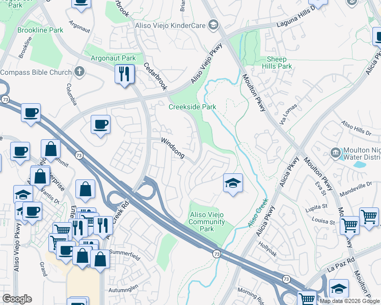 map of restaurants, bars, coffee shops, grocery stores, and more near 119 Cloudcrest in Aliso Viejo