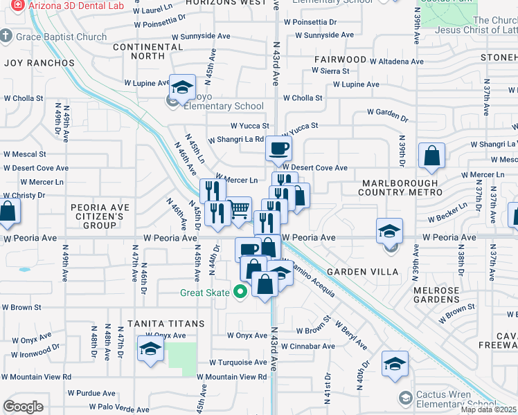 map of restaurants, bars, coffee shops, grocery stores, and more near 10614 N 43rd Ave in Glendale