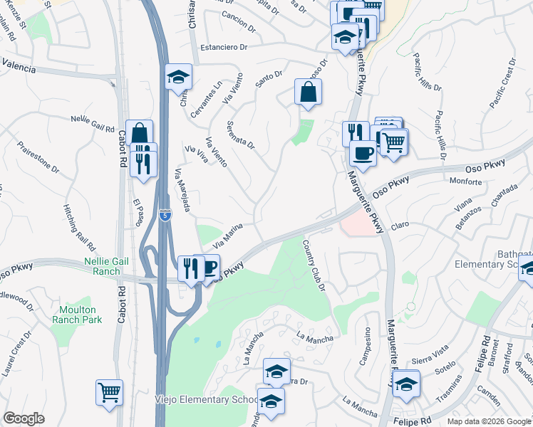 map of restaurants, bars, coffee shops, grocery stores, and more near 26122 Cresta Verde in Mission Viejo