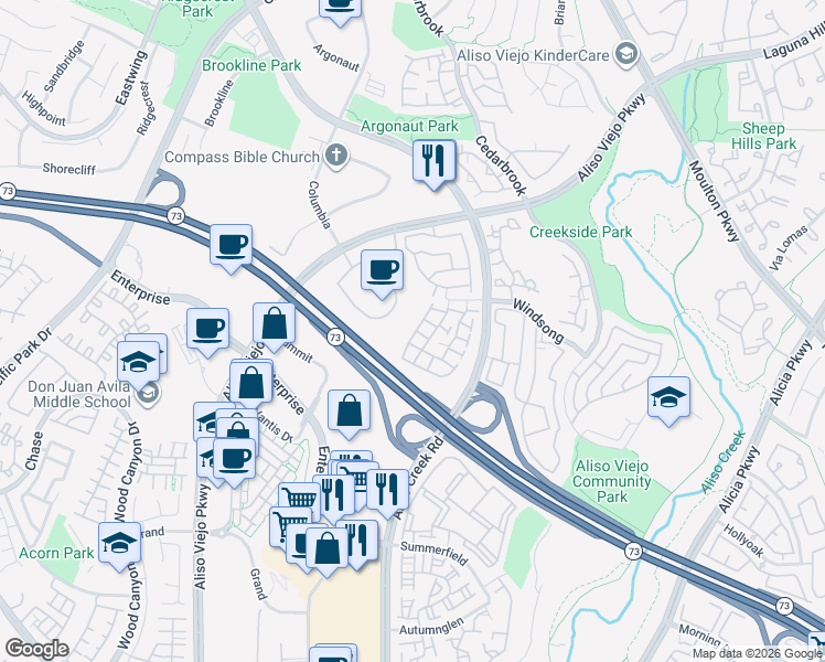 map of restaurants, bars, coffee shops, grocery stores, and more near 19 Windrose in Aliso Viejo
