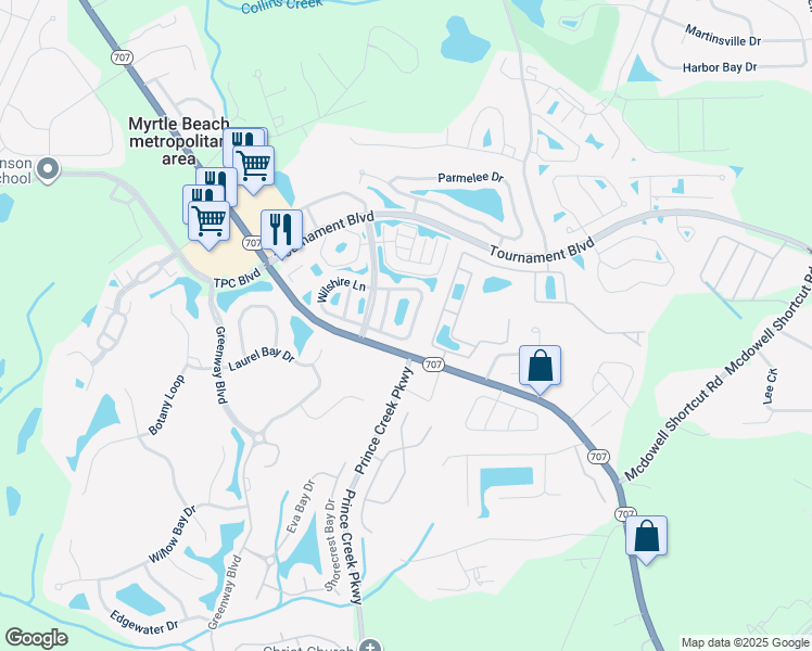 map of restaurants, bars, coffee shops, grocery stores, and more near 149 Wimbledon Way in Murrells Inlet