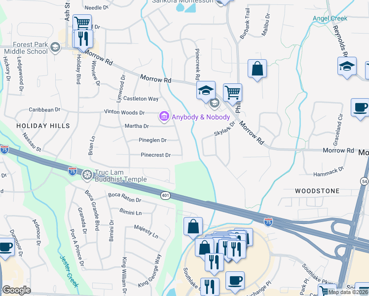 map of restaurants, bars, coffee shops, grocery stores, and more near 6260 Crestview Lane in Forest Park