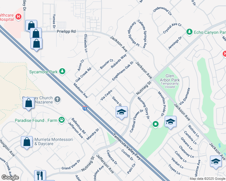 map of restaurants, bars, coffee shops, grocery stores, and more near 41060 Vía Cedro in Murrieta