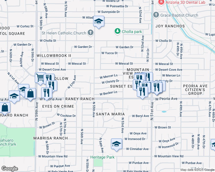 map of restaurants, bars, coffee shops, grocery stores, and more near 5416 West Saguaro Drive in Glendale