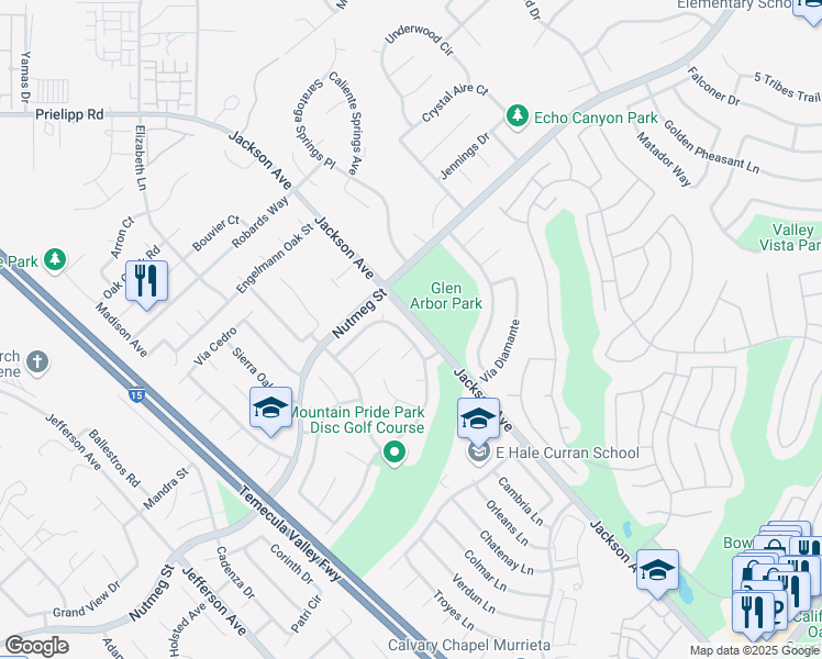 map of restaurants, bars, coffee shops, grocery stores, and more near 40744 Mountain Pride Drive in Murrieta