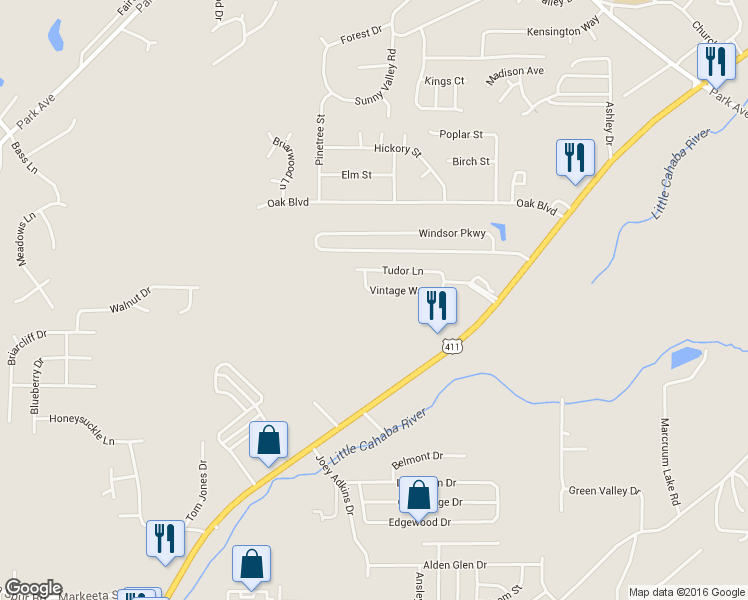 map of restaurants, bars, coffee shops, grocery stores, and more near 3089 Vintage Way in Moody