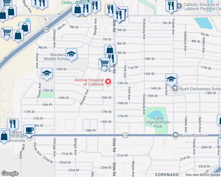 map of restaurants, bars, coffee shops, grocery stores, and more near 5210 14th Street in Lubbock