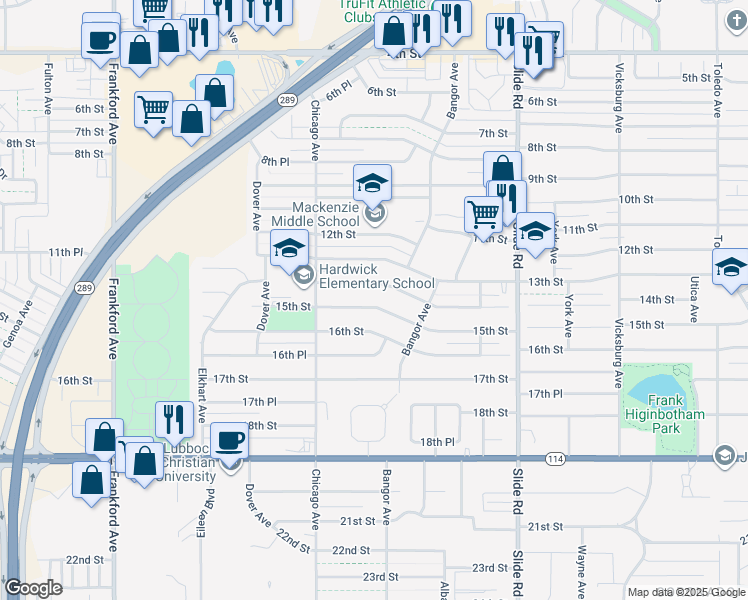map of restaurants, bars, coffee shops, grocery stores, and more near 5414 15th Street in Lubbock