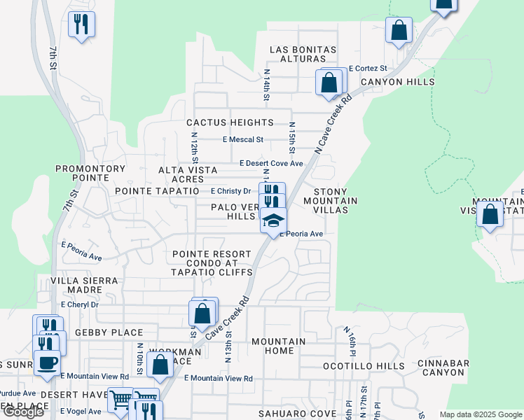 map of restaurants, bars, coffee shops, grocery stores, and more near 1335 East Sahuaro Drive in Phoenix