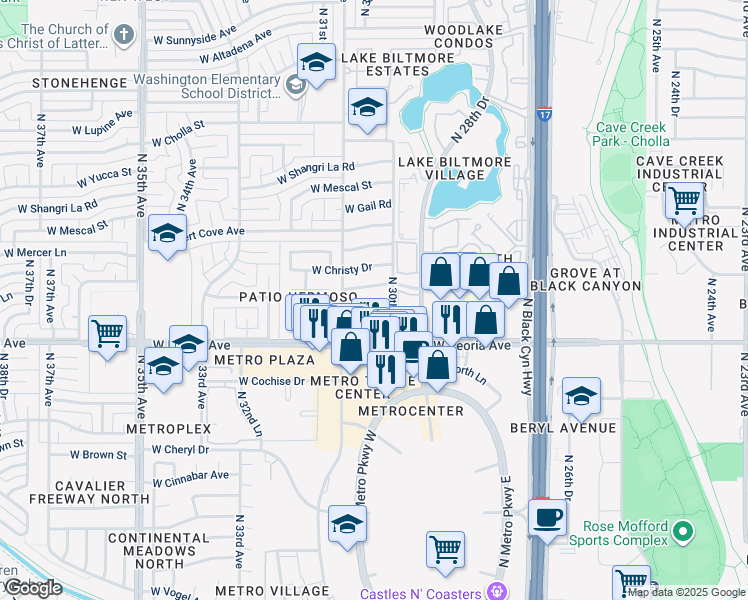 map of restaurants, bars, coffee shops, grocery stores, and more near 3002 West Clinton Street in Phoenix