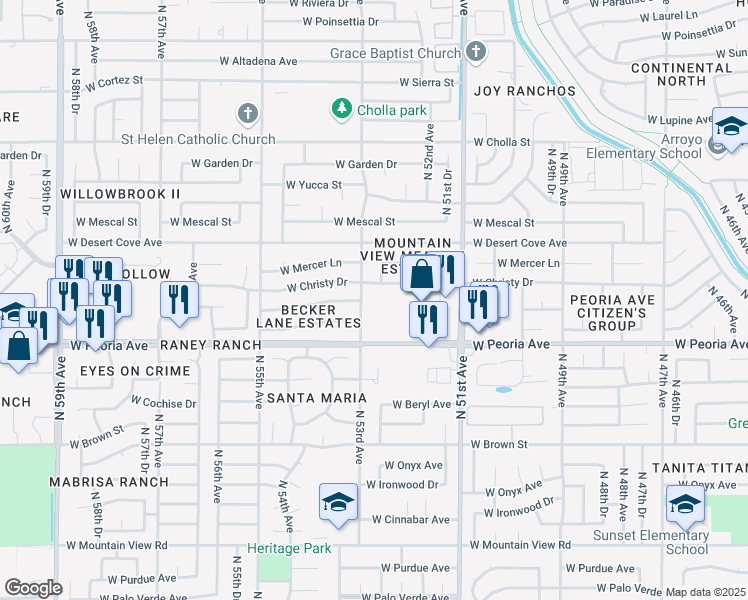 map of restaurants, bars, coffee shops, grocery stores, and more near 5302 West Saguaro Drive in Glendale