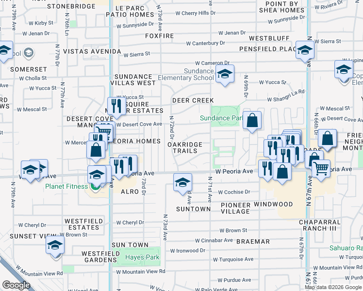 map of restaurants, bars, coffee shops, grocery stores, and more near 7142 West Sahuaro Drive in Peoria