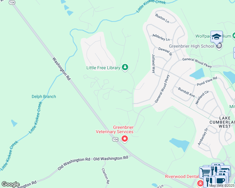 map of restaurants, bars, coffee shops, grocery stores, and more near 120 Lullwater Drive in Evans