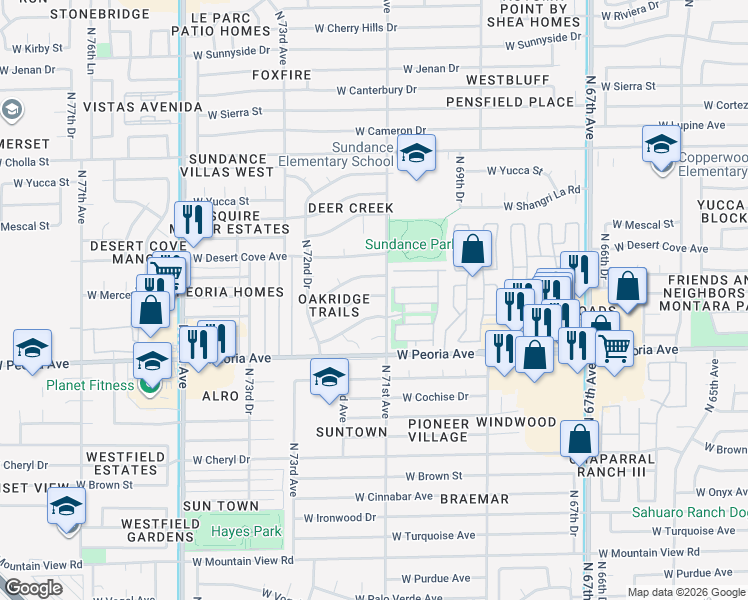 map of restaurants, bars, coffee shops, grocery stores, and more near 7111 West Sahuaro Drive in Peoria