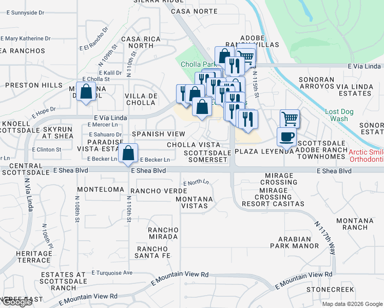 map of restaurants, bars, coffee shops, grocery stores, and more near 10673 N 113th St in Scottsdale