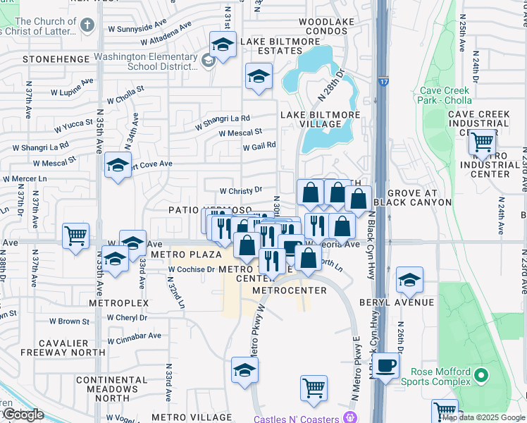 map of restaurants, bars, coffee shops, grocery stores, and more near 3002 West Clinton Street in Phoenix