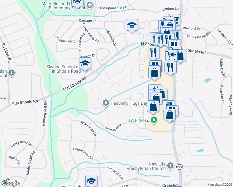 map of restaurants, bars, coffee shops, grocery stores, and more near 6295 Gemstone Court in Atlanta