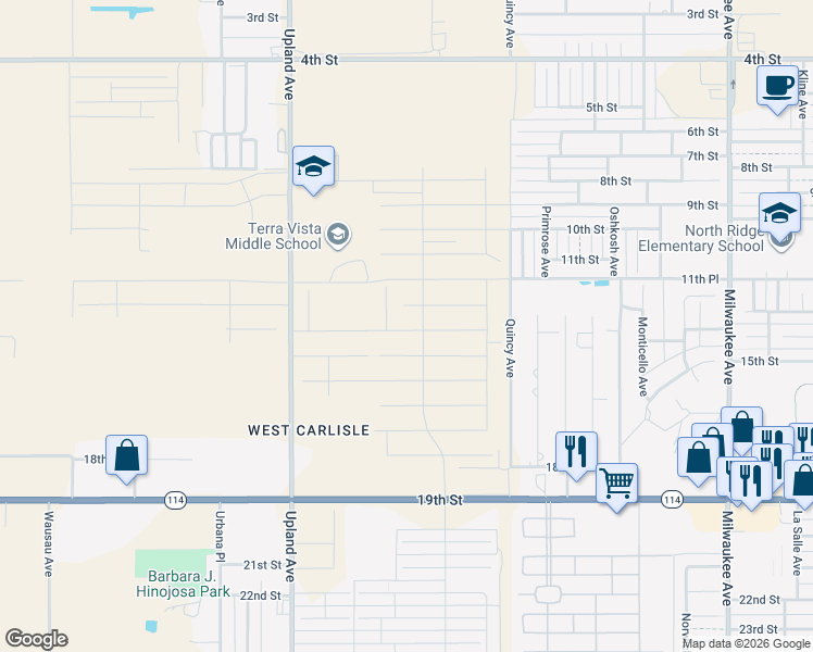 map of restaurants, bars, coffee shops, grocery stores, and more near Quincy Avenue in Lubbock