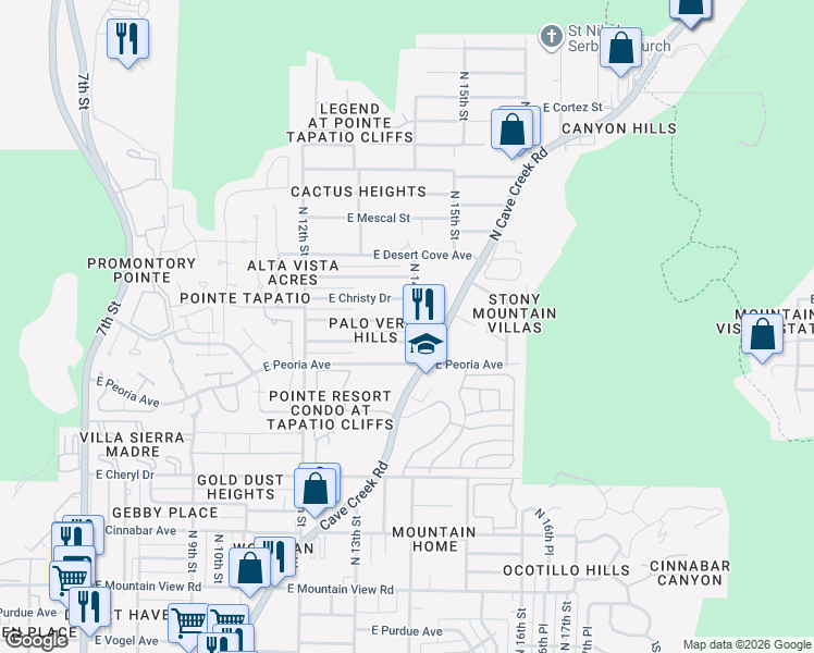 map of restaurants, bars, coffee shops, grocery stores, and more near 1335 East Sahuaro Drive in Phoenix