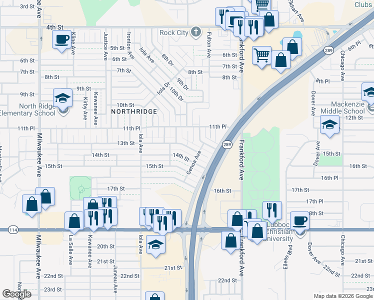 map of restaurants, bars, coffee shops, grocery stores, and more near 5909 13th Street in Lubbock