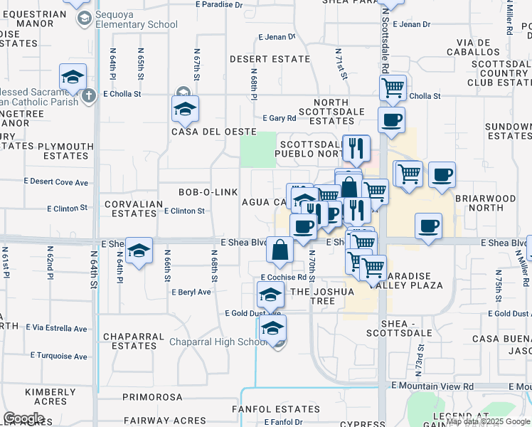 map of restaurants, bars, coffee shops, grocery stores, and more near 10660 North 69th Street in Scottsdale