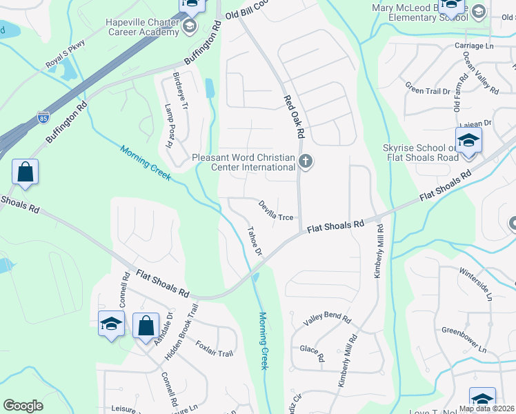 map of restaurants, bars, coffee shops, grocery stores, and more near 3260 Devilla Trce in College Park
