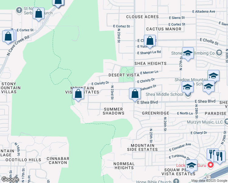 map of restaurants, bars, coffee shops, grocery stores, and more near 2301 East Sahuaro Drive in Phoenix