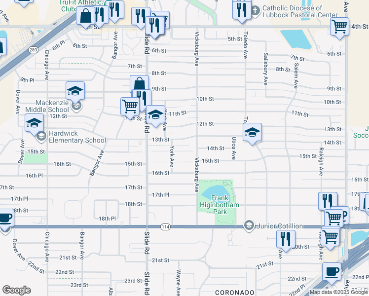 map of restaurants, bars, coffee shops, grocery stores, and more near 4908 14th Street in Lubbock