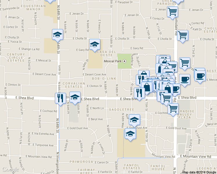 map of restaurants, bars, coffee shops, grocery stores, and more near 10631 North 68th Street in Scottsdale