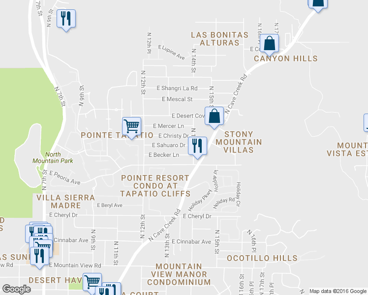map of restaurants, bars, coffee shops, grocery stores, and more near 1335 E Sahuaro Dr in Phoenix