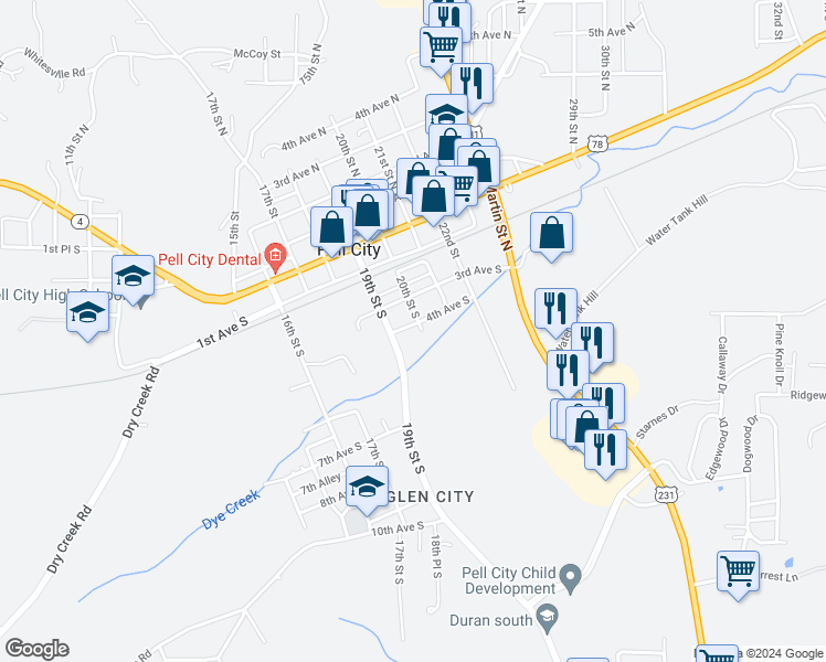 map of restaurants, bars, coffee shops, grocery stores, and more near 1920 4th Avenue South in Pell City