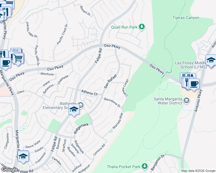 map of restaurants, bars, coffee shops, grocery stores, and more near 26101 Calle Cresta in Mission Viejo