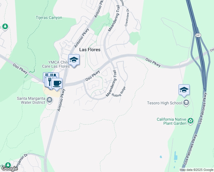 map of restaurants, bars, coffee shops, grocery stores, and more near 25 Bloomfield Lane in Rancho Santa Margarita