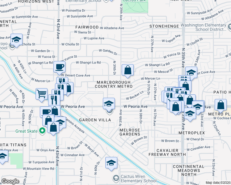 map of restaurants, bars, coffee shops, grocery stores, and more near 3912 West Sahuaro Drive in Phoenix