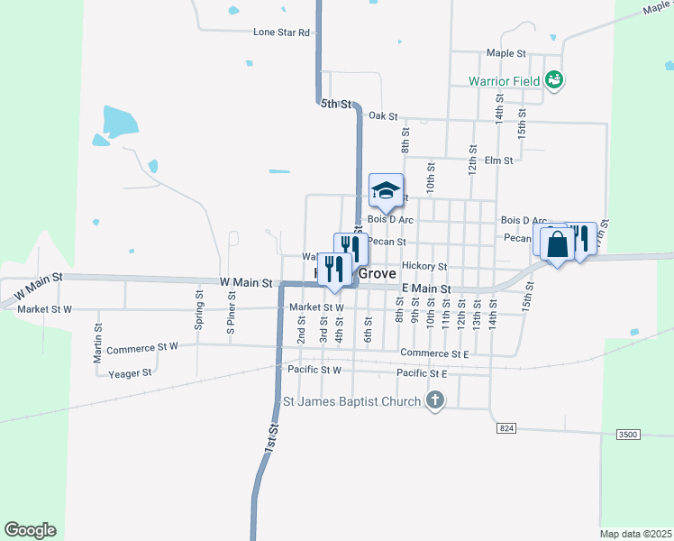 map of restaurants, bars, coffee shops, grocery stores, and more near 306 West Main Street in Honey Grove