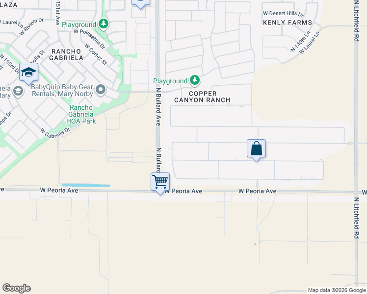 map of restaurants, bars, coffee shops, grocery stores, and more near 14575 West Desert Cove Road in Surprise