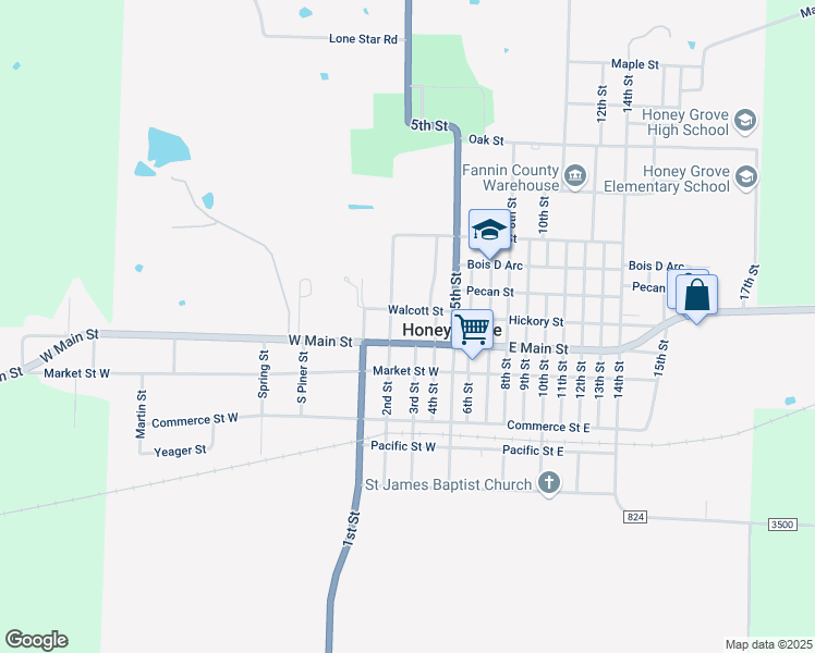 map of restaurants, bars, coffee shops, grocery stores, and more near 306 West Main Street in Honey Grove